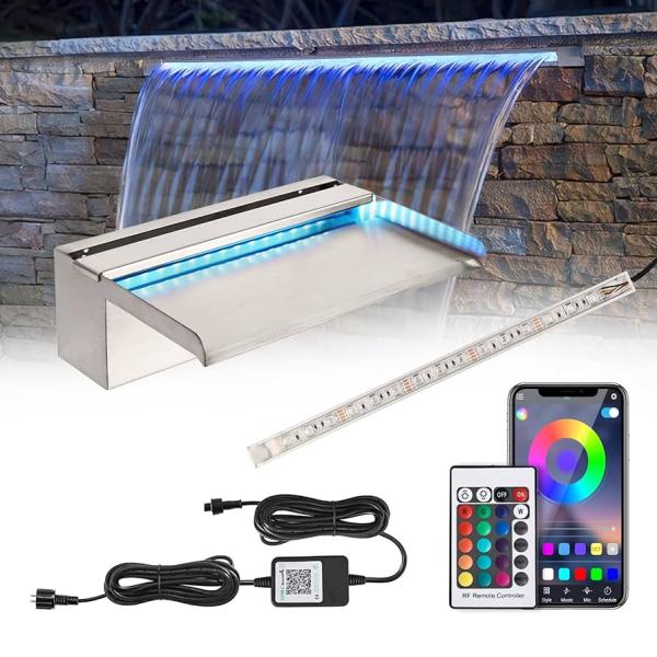 Cascadas de 24" (60cm) con Luz Led a Colores, Acero Inoxidable 304, con control remoto, 110V con transformador a 12V